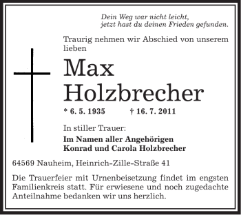 Traueranzeige von Max Holzbrecher von OFFENBACH-POST/HANAU-POST