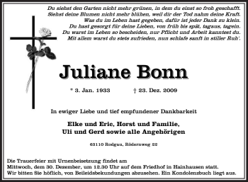 Traueranzeige von Juliane Bonn von OFFENBACH-POST/HANAU-POST