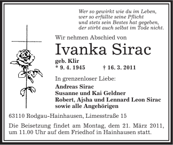 Traueranzeige von Ivanka Sirac von OFFENBACH-POST/HANAU-POST