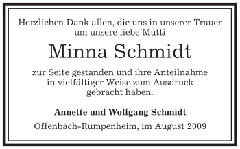 Traueranzeige von Minna Schmidt von OFFENBACH-POST/HANAU-POST