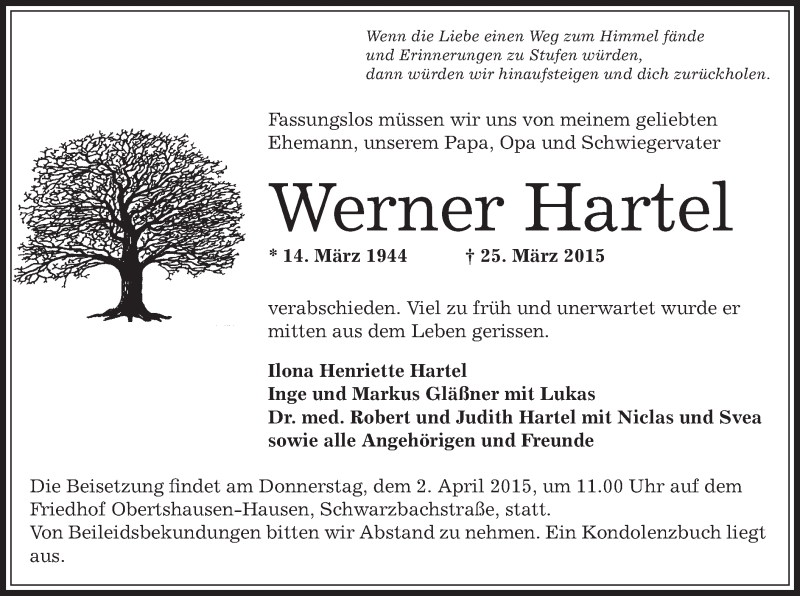  Traueranzeige für Werner Hartel vom 28.03.2015 aus Offenbach