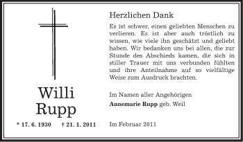 Traueranzeige von Willi Rupp von OFFENBACH-POST/HANAU-POST