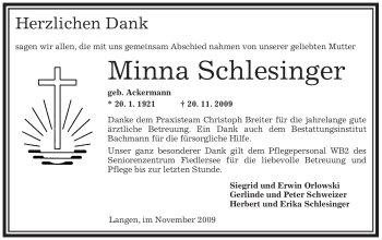 Traueranzeige von Minna Schlesinger von OFFENBACH-POST/HANAU-POST