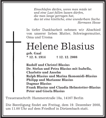 Traueranzeige von Helene Blasius von OFFENBACH-POST/HANAU-POST