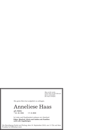 Traueranzeige von Anneliese Haas von OFFENBACH-POST/HANAU-POST