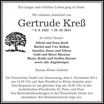 Traueranzeige von Gertrude Kreß von OFFENBACH-POST/HANAU-POST