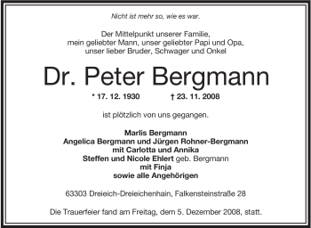 Traueranzeige von Peter Bergmann von OFFENBACH-POST/HANAU-POST