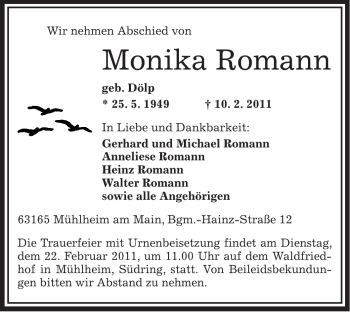 Traueranzeige von Monika Romann von OFFENBACH-POST/HANAU-POST