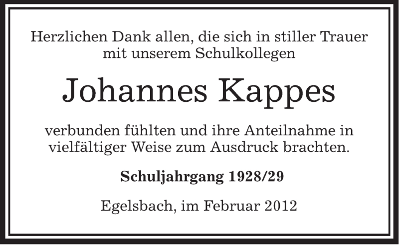  Traueranzeige für Johannes Kappes vom 25.02.2012 aus OFFENBACH-POST/HANAU-POST