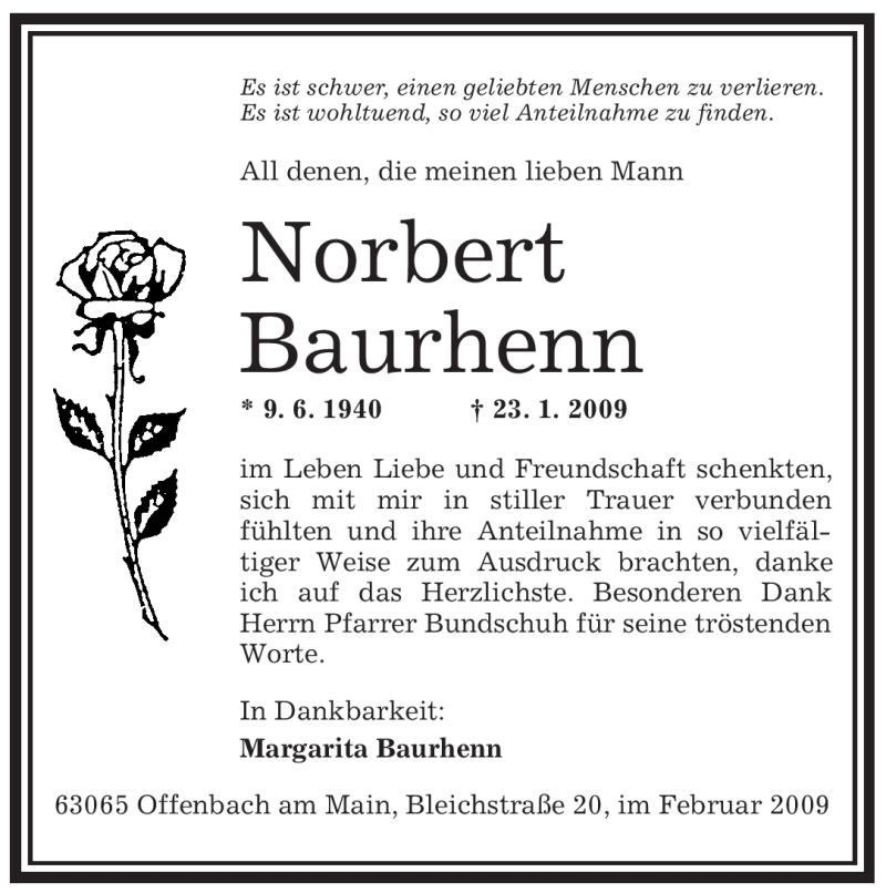  Traueranzeige für Norbert Baurhenn vom 14.02.2009 aus OFFENBACH-POST/HANAU-POST