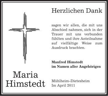 Traueranzeige von Maria Himstedt von OFFENBACH-POST/HANAU-POST