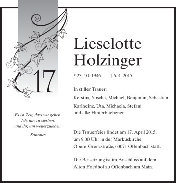 Traueranzeige von Lieselotte Holzinger von Offenbach