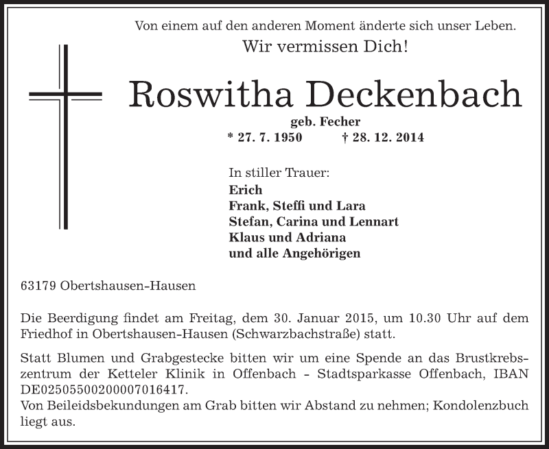  Traueranzeige für Roswitha Deckenbach vom 28.01.2015 aus Offenbach