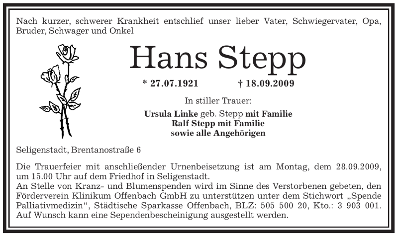  Traueranzeige für Hans Stepp vom 24.09.2009 aus OFFENBACH-POST/HANAU-POST