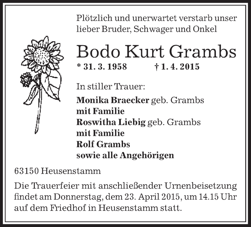  Traueranzeige für Bodo Kurt Grambs vom 22.04.2015 aus Offenbach