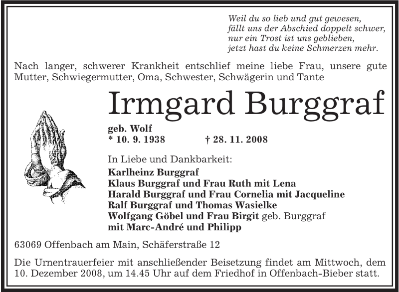  Traueranzeige für Irmgard Burggraf vom 06.12.2008 aus OFFENBACH-POST/HANAU-POST