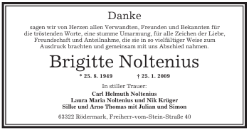 Traueranzeige von Brigitte Noltenius von OFFENBACH-POST/HANAU-POST