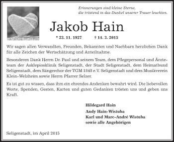 Traueranzeige von Jakob Hain von Offenbach