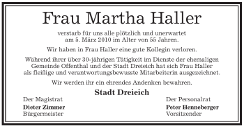 Traueranzeige von Martha Haller von OFFENBACH-POST/HANAU-POST