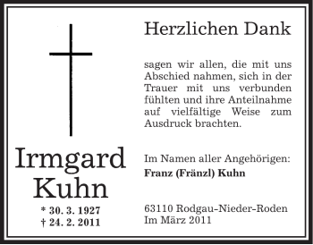 Traueranzeige von Irmgard Kuhn von OFFENBACH-POST/HANAU-POST