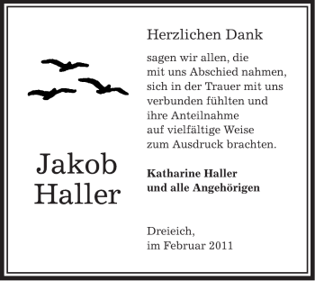 Traueranzeige von Jakob Haller von OFFENBACH-POST/HANAU-POST