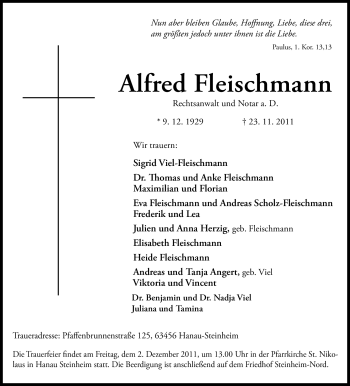 Traueranzeige von Alfred Fleischmann von OFFENBACH-POST/HANAU-POST