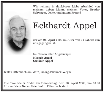 Traueranzeige von Eckhardt Appel von OFFENBACH-POST/HANAU-POST