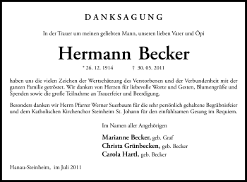 Traueranzeige von Hermann Becker von OFFENBACH-POST/HANAU-POST