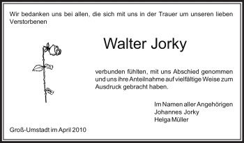 Traueranzeige von Walter Jorky von OFFENBACH-POST/HANAU-POST