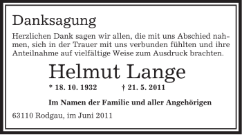 Traueranzeige von Helmut Lange von OFFENBACH-POST/HANAU-POST