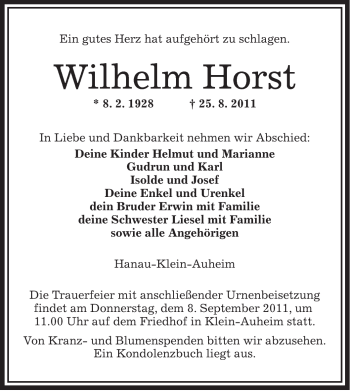 Traueranzeige von Wilhelm Horst von OFFENBACH-POST/HANAU-POST