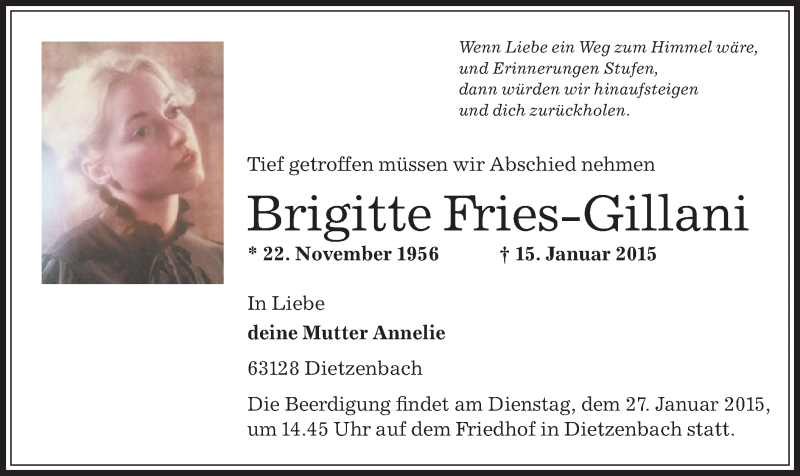  Traueranzeige für Brigitte Fries-Gillani vom 22.01.2015 aus Offenbach