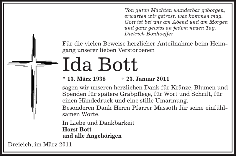  Traueranzeige für Ida Bott vom 17.03.2011 aus OFFENBACH-POST/HANAU-POST