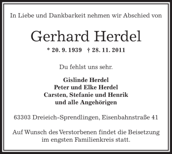 Traueranzeige von Gerhard Herdel von OFFENBACH-POST/HANAU-POST