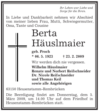 Traueranzeige von Berta Häuslmaier von OFFENBACH-POST/HANAU-POST