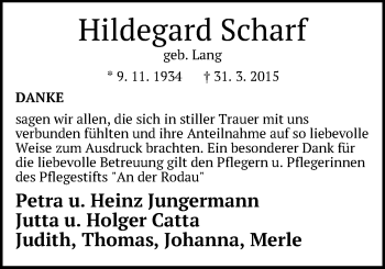 Traueranzeige von Hildegard Scharf von Offenbach