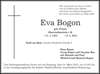 Traueranzeige von Eva Bogon von Offenbach