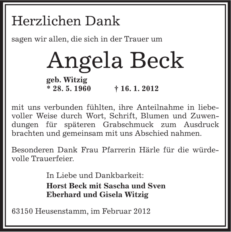 Traueranzeigen von Angela Beck | trauer.op-online.de