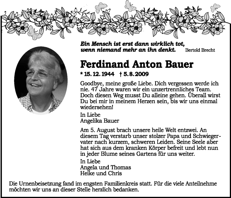  Traueranzeige für Ferdinand Anton Bauer vom 22.08.2009 aus OFFENBACH-POST/HANAU-POST