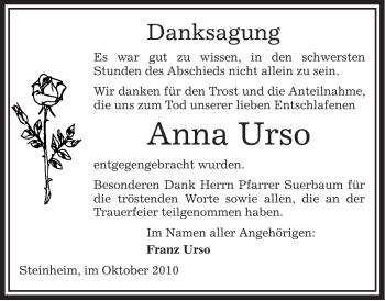 Traueranzeige von Anna Urso von OFFENBACH-POST/HANAU-POST