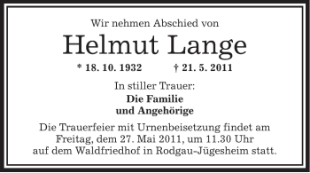 Traueranzeige von Helmut Lange von OFFENBACH-POST/HANAU-POST