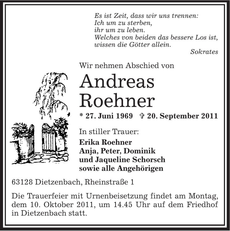  Traueranzeige für Andreas Roehner vom 06.10.2011 aus OFFENBACH-POST/HANAU-POST
