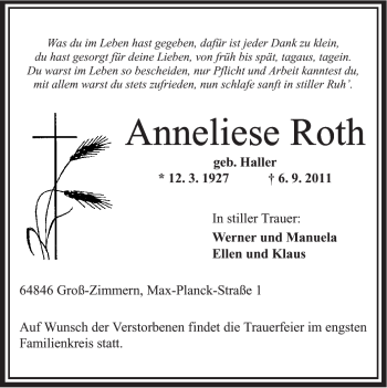 Traueranzeige von Anneliese Roth von OFFENBACH-POST/HANAU-POST