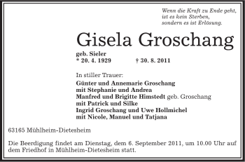 Traueranzeige von Gisela Groschang von OFFENBACH-POST/HANAU-POST