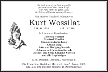 Traueranzeige von Kurt Wossilat von OFFENBACH-POST/HANAU-POST