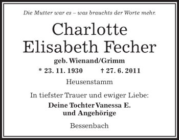 Traueranzeige von Charlotte Elisabeth Fecher von OFFENBACH-POST/HANAU-POST