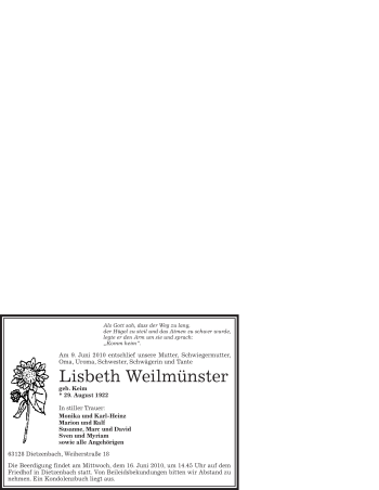 Traueranzeige von Lisbeth Weilmünster von OFFENBACH-POST/HANAU-POST