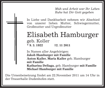 Traueranzeige von Elisabeth Hamburger von OFFENBACH-POST/HANAU-POST