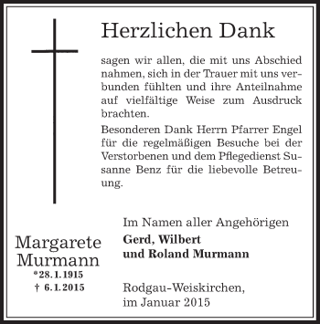 Traueranzeige von Margarete Murmann von Offenbach