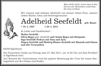 Traueranzeige von Adelheid Seefeldt von OFFENBACH-POST/HANAU-POST